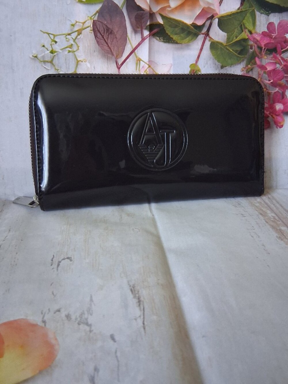 AJ Armani Jeans Women Wallet Purse Brown Patent Leather Clutch